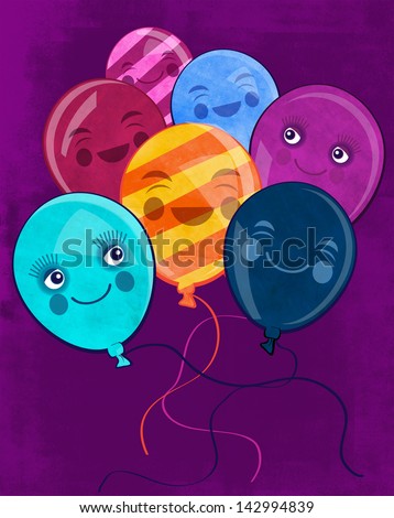 A birthday balloon with happy faces collection on purple background, colors and patterns.