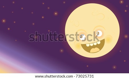 Smiling moon in night sky.