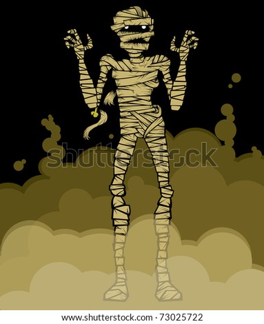 Mummy walking out of dusty tomb.
