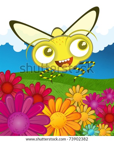 Colorful illustration of yellow bug with flowers and sky.