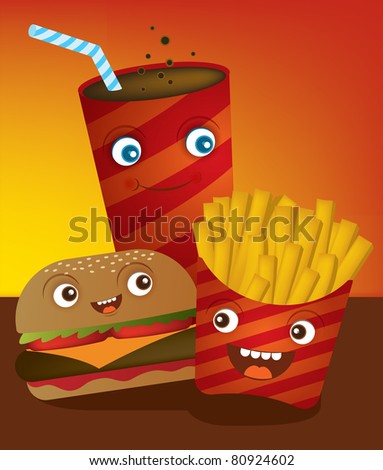 Happy faced fastfood group of food with burger, fries, drink on orange and red background.