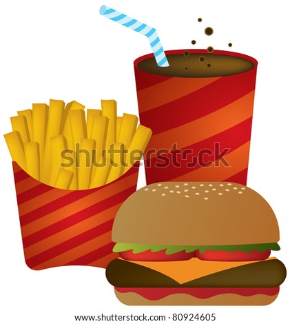 Fastfood group of food with burger, fries, drink
