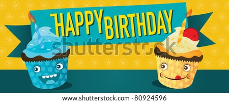 Birthday banner with 2 cupcakes that are chocolate with blue and yellow frosting.