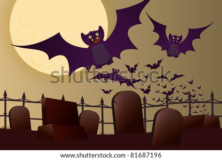 Bats flying by full moon and over graveyard on Halloween.
