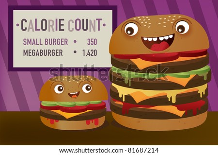 Calorie Count regular and giant cheeseburgers on stripe wall.