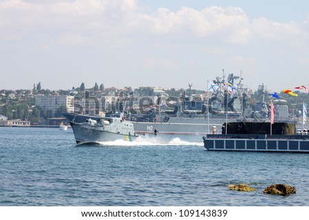 SEVASTOPOL, UKRAINE - JULY 29, 2012 -  Artillery boat U170 Skadovsk at Ukrainian Fleet Day and Day of Russian Navy in Sevastopol on 29 of July, 2012.