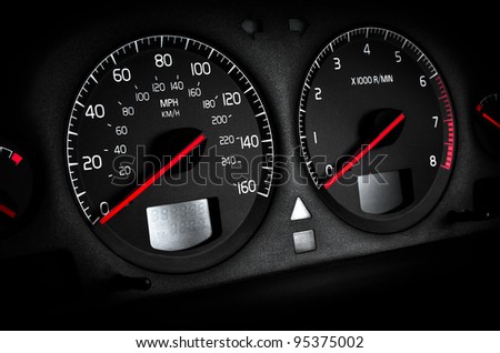 Cars dashboard tachometer and speedometer, black Vignetting, no trade marks