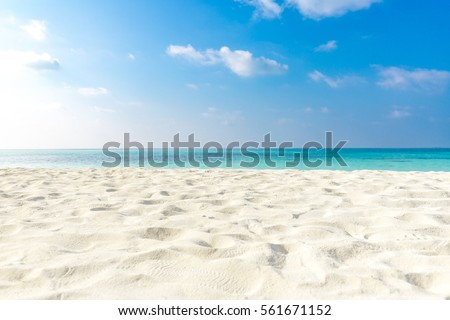 Sea view from tropical beach with sunny sky. Summer paradise beach website design. Tropical shore. Tropical sea in Maldives. Exotic summer beach sky clouds on horizon. Ocean beach relax outdoor travel
