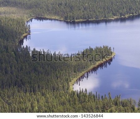 aerial landscape of a lake and forest in northern quebec