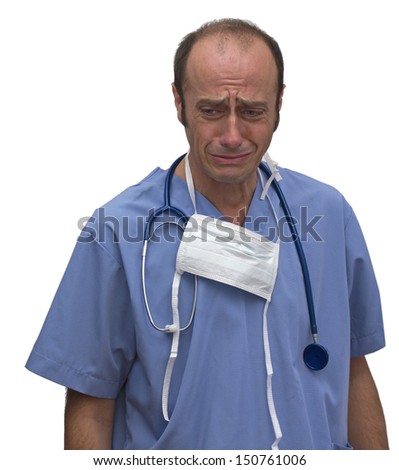 caucasian surgeon doctor crying after loosing a patient