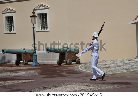 PRINCIPAUTE DE MONACO- JUNE, 26, 2014 : Changing of the Royal guard in progress at the Royal Castle June 26, 2014 in Monaco, Changing of the Guard takes place every day at 11:55 pm