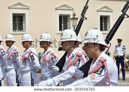 PRINCIPAUTE DE MONACO- JUNE 26, 2014 : Changing of the Royal guard in progress at the Royal Castle June 26 in Monaco, Changing of the Guard takes place every day at 11:55 AM