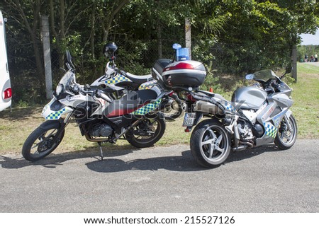 BRNO, CZECH REPUBLIC, AUGUST 16, 2014: Brno city police motorbike in ensuring MOTOGP, city police involved in the transportation and safety of visitors MotoGP race at the Masaryk circuit.