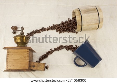 spilled coffee beans, coffee mug, old coffee grinder, Way of coffee beans