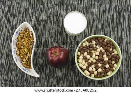 healthy breakfast, diet meal of cereal, fruit and nuts. Processing menu