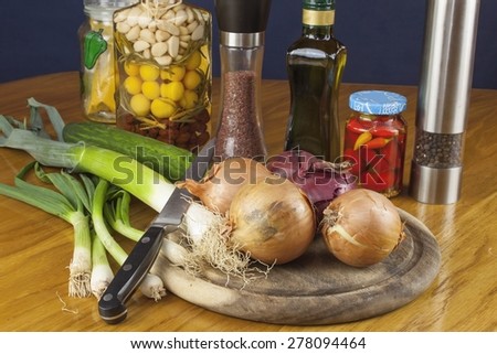 ready for slicing onions, homemade food preparation, ingredients and seasonings for cooks