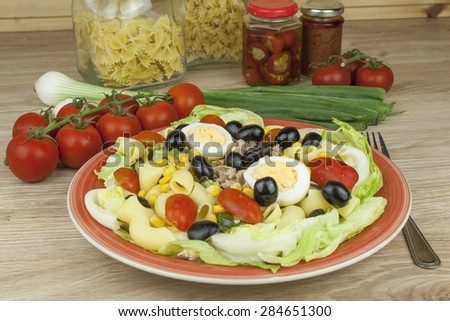 Refreshing summer dish, pasta with tuna, vegetables, olives and egg. Healthy food for athletes.