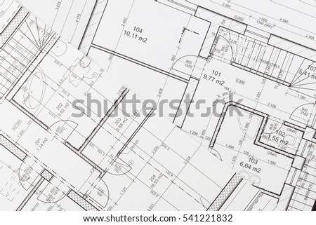 Plans of building. Architectural project. Floor plan designed building on the drawing.