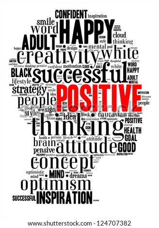 Info text graphic Positive Thinking in head shape word cloud isolated in white background