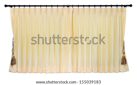 Isolated of yellow curtain was closed, which hung on the wall bars stainless white gracefully