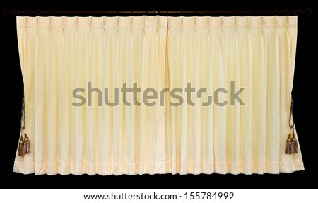 Isolated of yellow curtain was closed, which hung on the wall bars stainless white gracefully