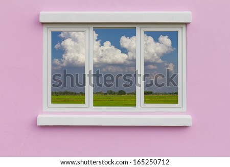 Background window frame in the wall pink blue Cloud backdrop