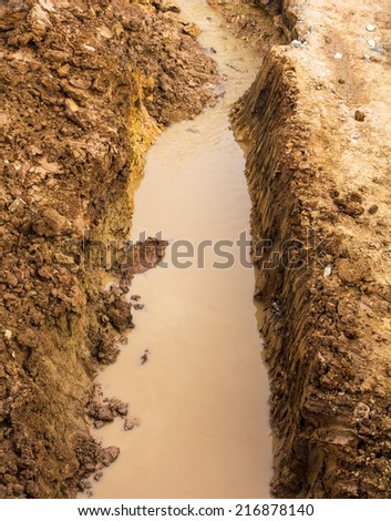 Close up above the soil dug to allow water to flow through.