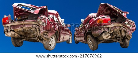 Two side view of a car accident with a red and blue background.