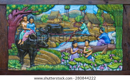 Agriculture, rural lifestyle of Thailand ancient murals on concrete blocks, wooden frame.