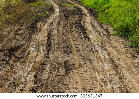 Background texture of the dirt road after rain, which traces its wheels used in agriculture.