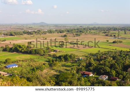 High angle view of rural areas. View of the rural areas where rice farming in Thailand.