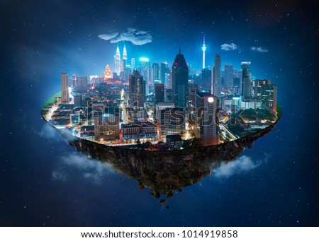 Fantasy island floating in the air with modern city skyline and lake garden, Night scene .