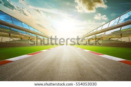 View of the infinity empty asphalt international race track, digital imaging retouch and  montage background . evening scene .