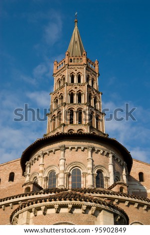 The east end of St. Sernin Basilica, It was built in the Romanesque style between about 1080 and 1120, Toulouse, France. The view of bell tower and apse.
