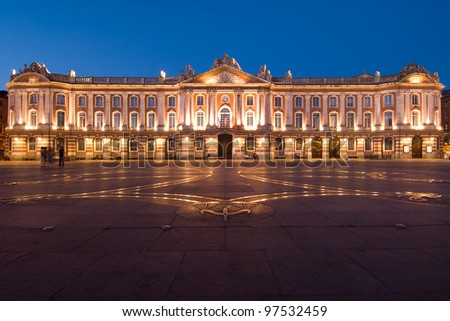 The city hall and square in Toulouse France is very beautiful night.It is the France\'s one of the most beautiful night view. Famous Airbus series airplane were made in Toulouse.