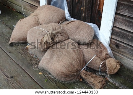 Flood Control, Sandbags. Sandbags stacked in a doorway to prevent flooding.