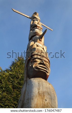 Aboriginal Totem Pole, Vancouver. Low angle view of a Stanley Park totem pole, Vancouver, British Columbia, Canada.