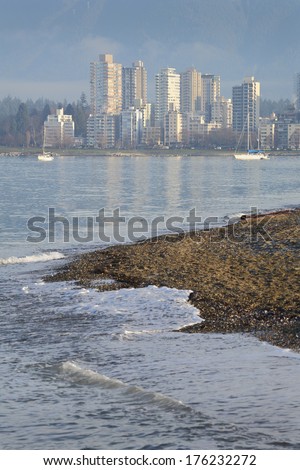 Kitsilano Beach, English Bay, Vancouver. Winter scenic, Kitsilano Beach looking across English Bay to the apartments of Vancouver\'s West End. British Columbia, Canada.