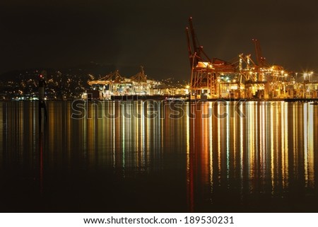 Port of Vancouver Night. The Port of Vancouver cargo terminal on the south side of Burrard Inlet working through the night. British Columbia, Canada.