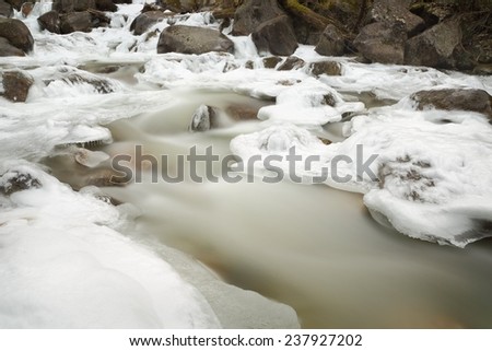 Mountain Stream, Winter Ice. Long exposure of a mountain stream with ice and snow. Motion blur.