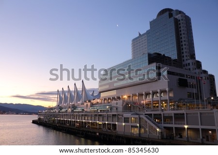 The distinctive sails of Canada Place, Vancouver\'s Trade and Convention Center as well as it\'s cruise ship terminal at dawn. British Columbia, Canada.