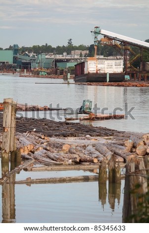 A boom boat maneuvers logs from a log boom in the Fraser River, sorting them to be processed by the lumber mill in the background. Wood chips are being loaded into a barge.