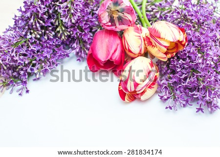 bouquet of tulips and lilac on a white background.