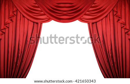 Open red curtains on white background. Theater or movie presentation with space for text