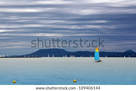 Hungarian lake - Lake Balaton with sailing boats during a competition