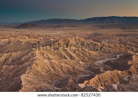 Badlands from Font point in Anza-Borrego desert state park at sunset, California