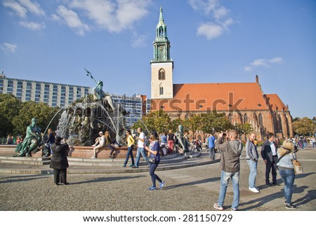 BERLIN,OKTOBER 02:2014 Tourist visit St. Mary Church, known in German as the Marienkirche, located in central Berlin, near Alexanderplatz in Oktober,2014