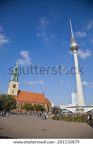 BERLIN,OCTOBER 02:2014 Tourist visit St. Mary Church, known in German as the Marienkirche, located in central Berlin, near Alexanderplatz in Oktober,2014