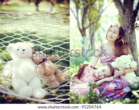 Little girl lying on my mother\'s knees with a teddy bear in the garden