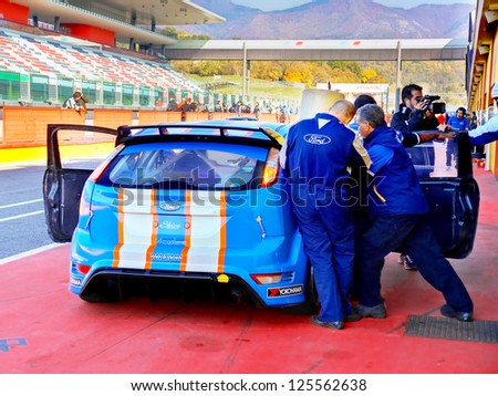 SCARPERIA, ITALY - NOVEMBER 12: Pit Stop of a Ford Focus RS at the Mugello Circuit during practice on November 12, 2011 in Scarperia, Italy
